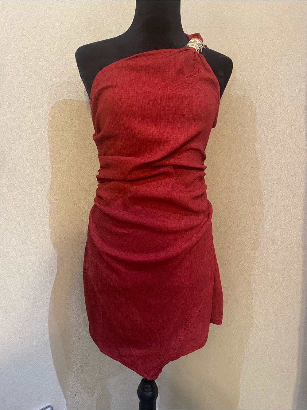 SHEIN One-Shoulder Red Ruched Mini Dress with Ring Detail